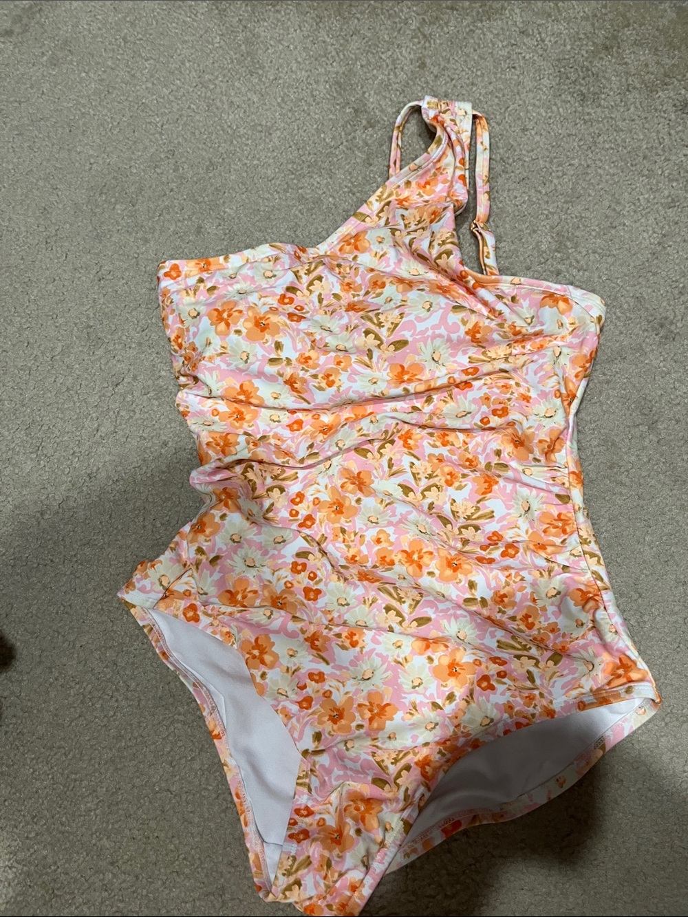 Kona Sol One-Shoulder Floral Swim One-Piece in Pink and Orange